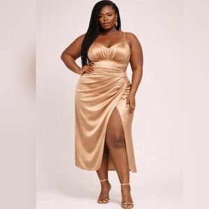Forever 21 CHAMPAGNE RUCHED SATIN MIDI DRESS WITH SLIT SIZE 2X NWT